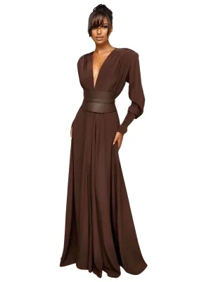 2025 Spring Fashion Dresses For Women Plunging V Neck High Waist Brown Belted Maxi Dress Wedding Party Dress