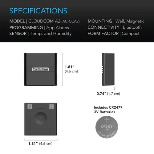 AC Infinity Cloudcom A2 Mini Smart Thermo-Hygrometer; Integrated Sensor (AC-CCA2)