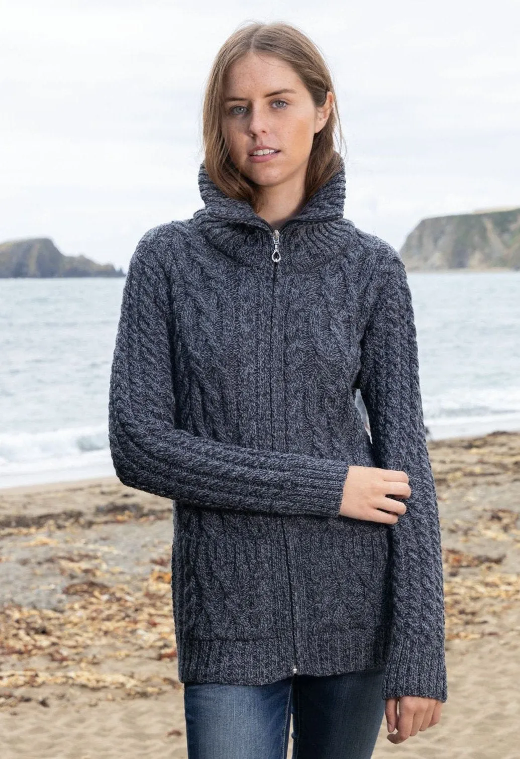 Aran Claddagh Zip Cardigan | Slate