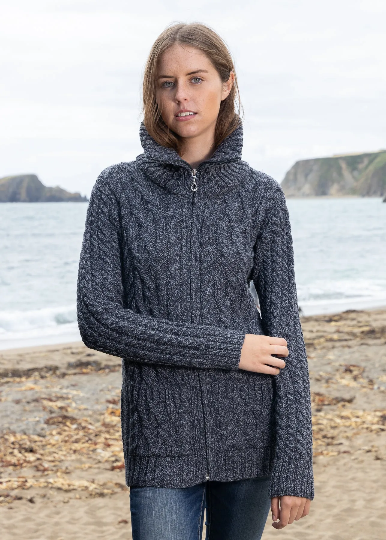 Aran Claddagh Zip Cardigan | Slate