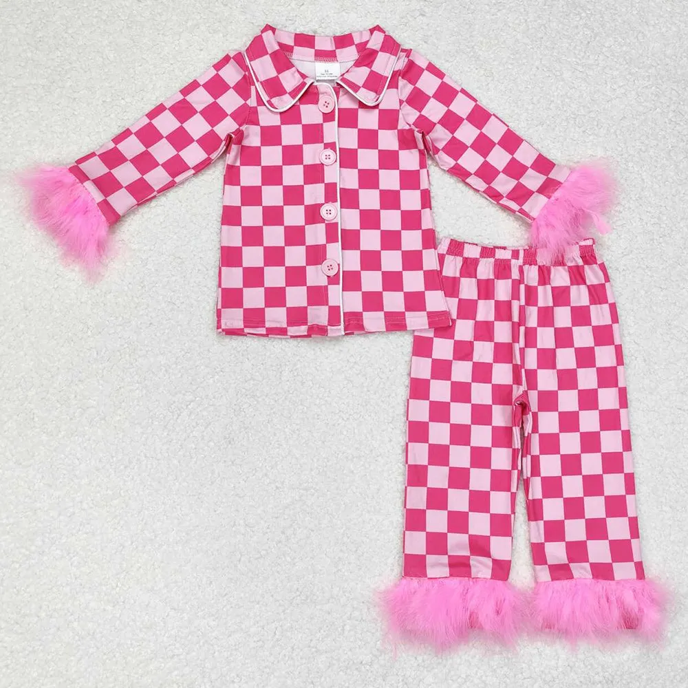 Baby Girls Pajamas Dark Pink Checkered Buttons Top Pants Fur Pajamas Sets GLP1256