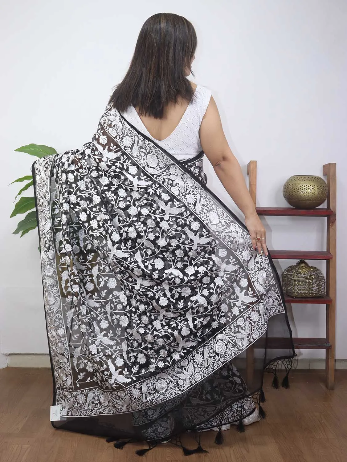 Black Embroidered Parsi Gara Organza Bird And Floral Design Saree