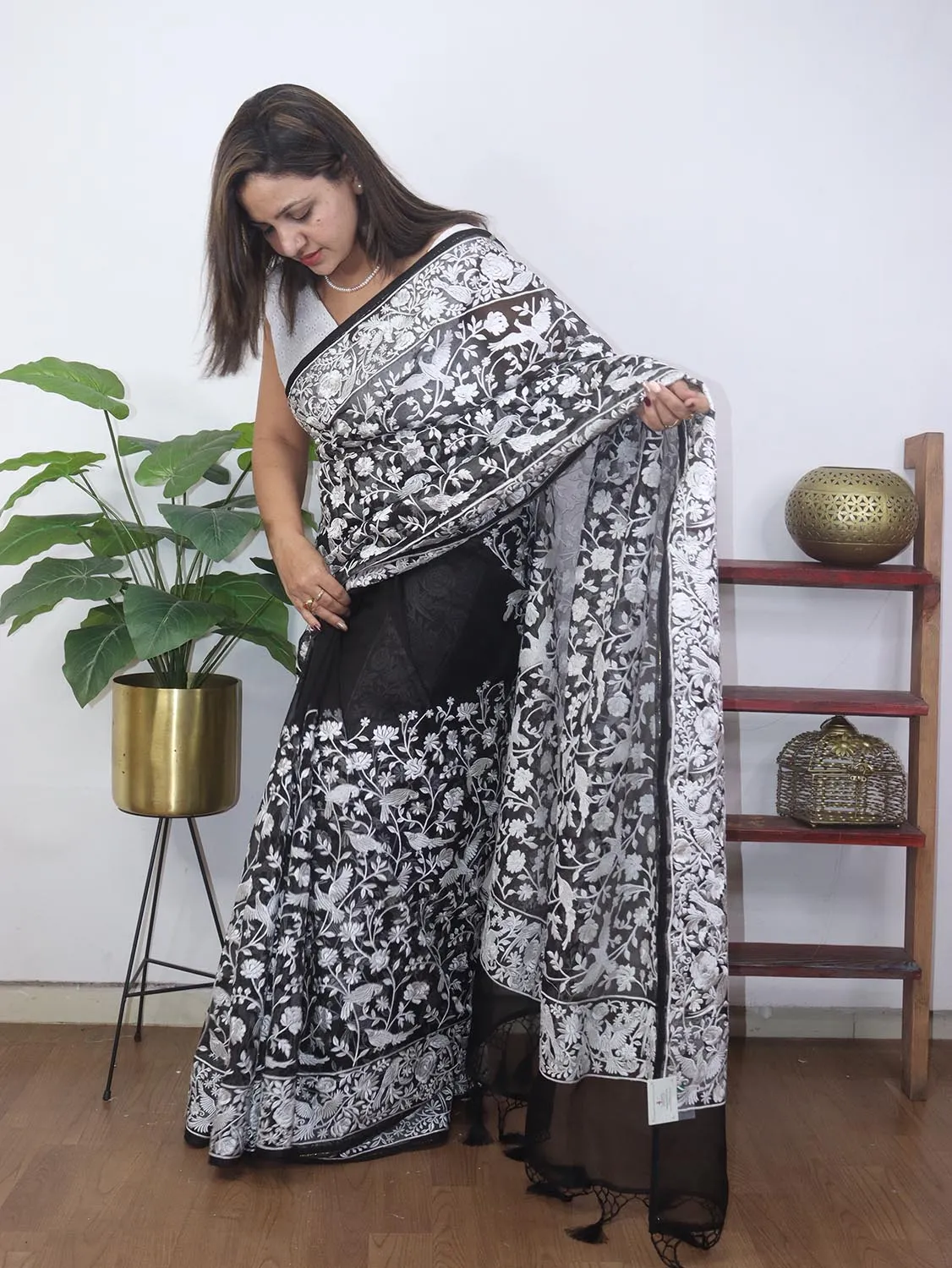 Black Embroidered Parsi Gara Organza Bird And Floral Design Saree