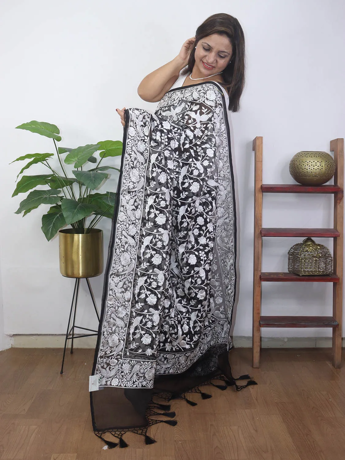 Black Embroidered Parsi Gara Organza Bird And Floral Design Saree