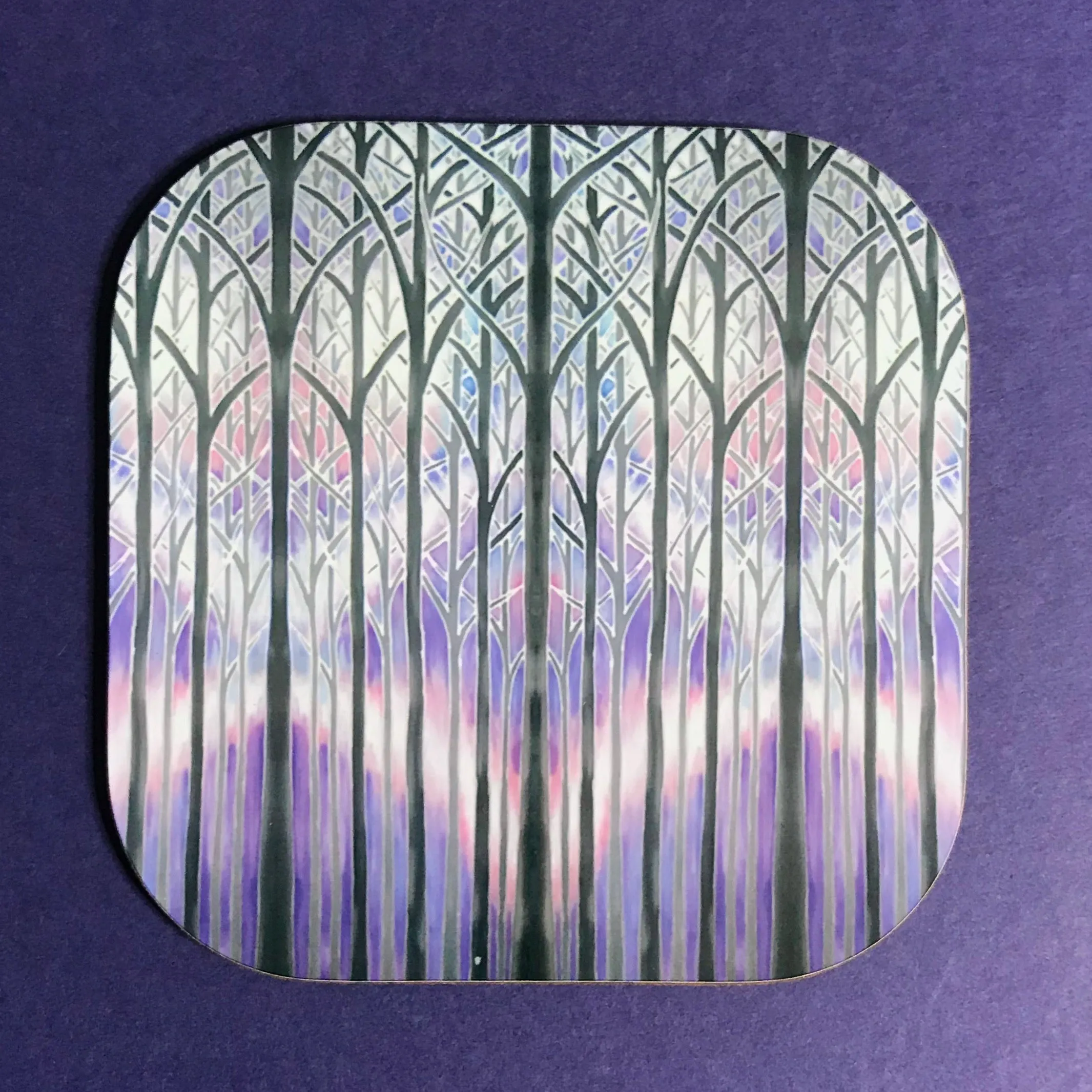 Charcoal Purple Misty Trees Table Mats - Tall Trees Place Mats - Cloisters Chopping Boards