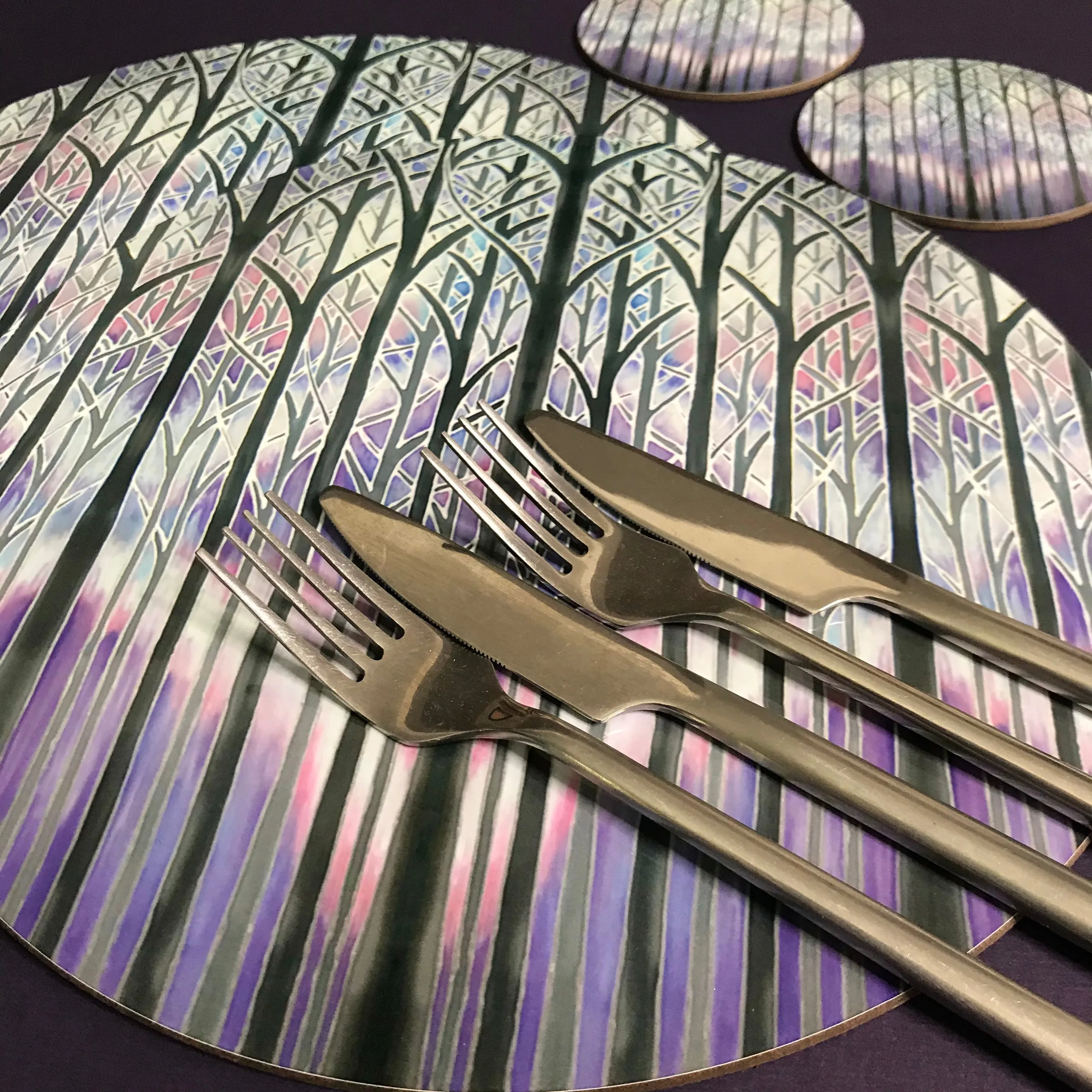 Charcoal Purple Misty Trees Table Mats - Tall Trees Place Mats - Cloisters Chopping Boards