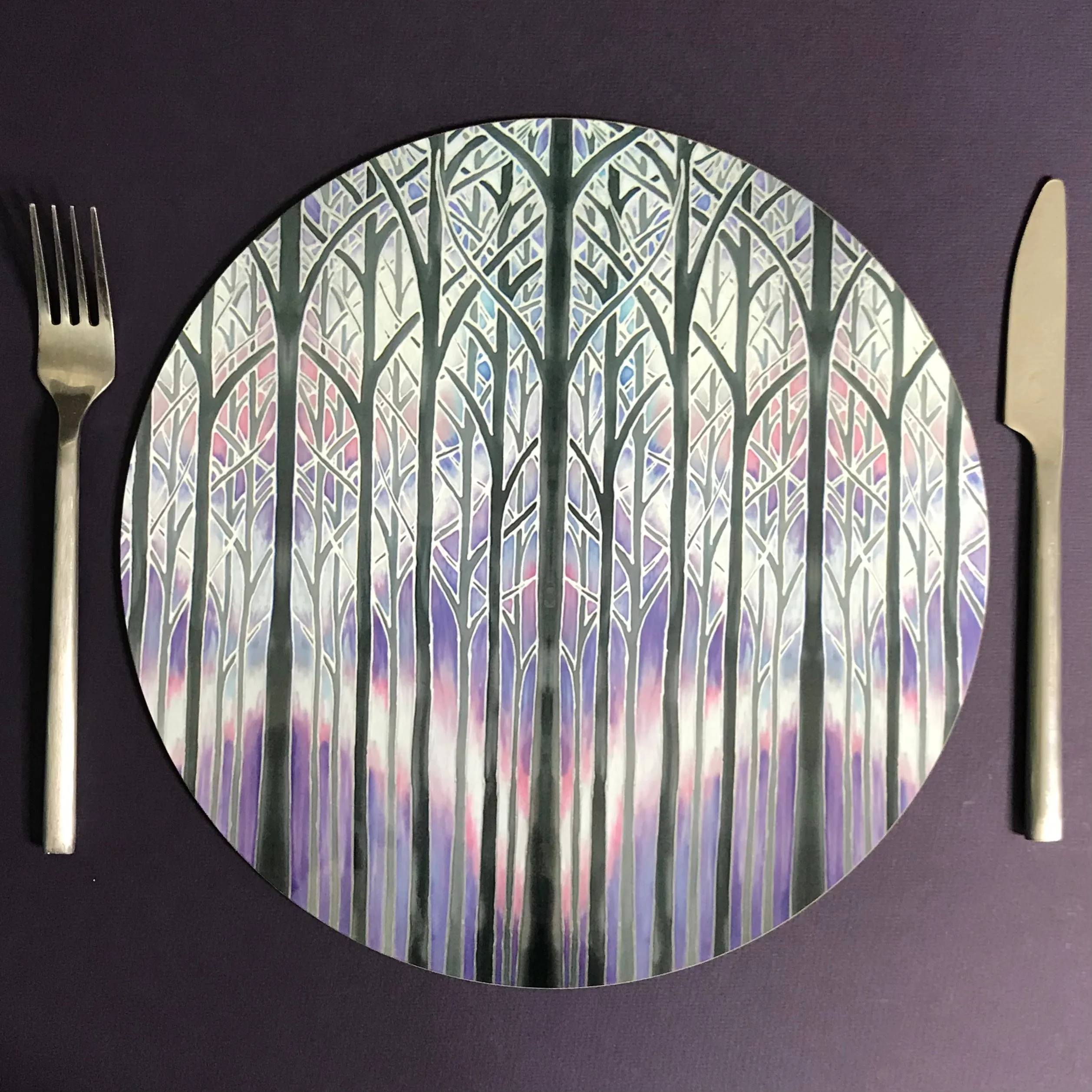 Charcoal Purple Misty Trees Table Mats - Tall Trees Place Mats - Cloisters Chopping Boards