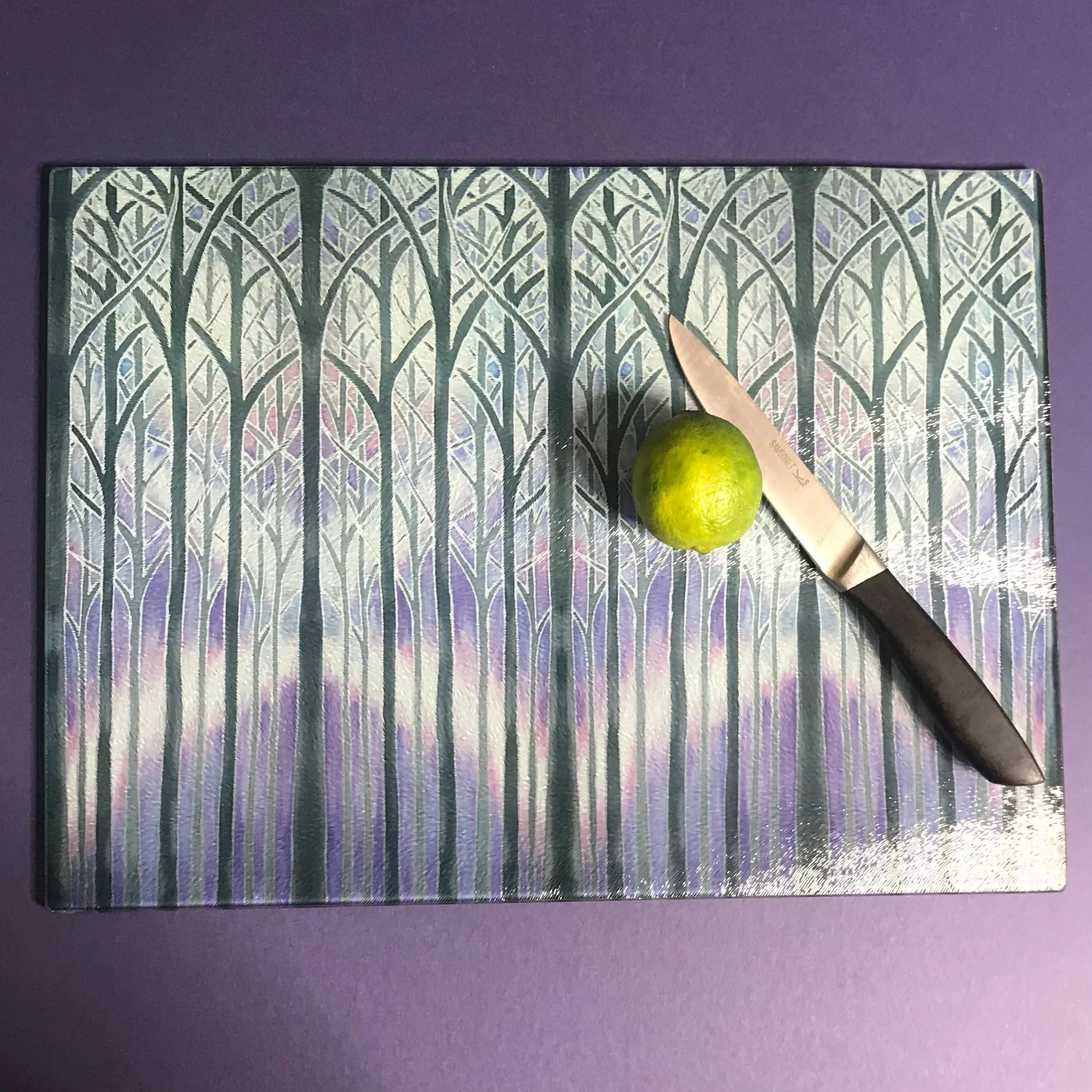 Charcoal Purple Misty Trees Table Mats - Tall Trees Place Mats - Cloisters Chopping Boards