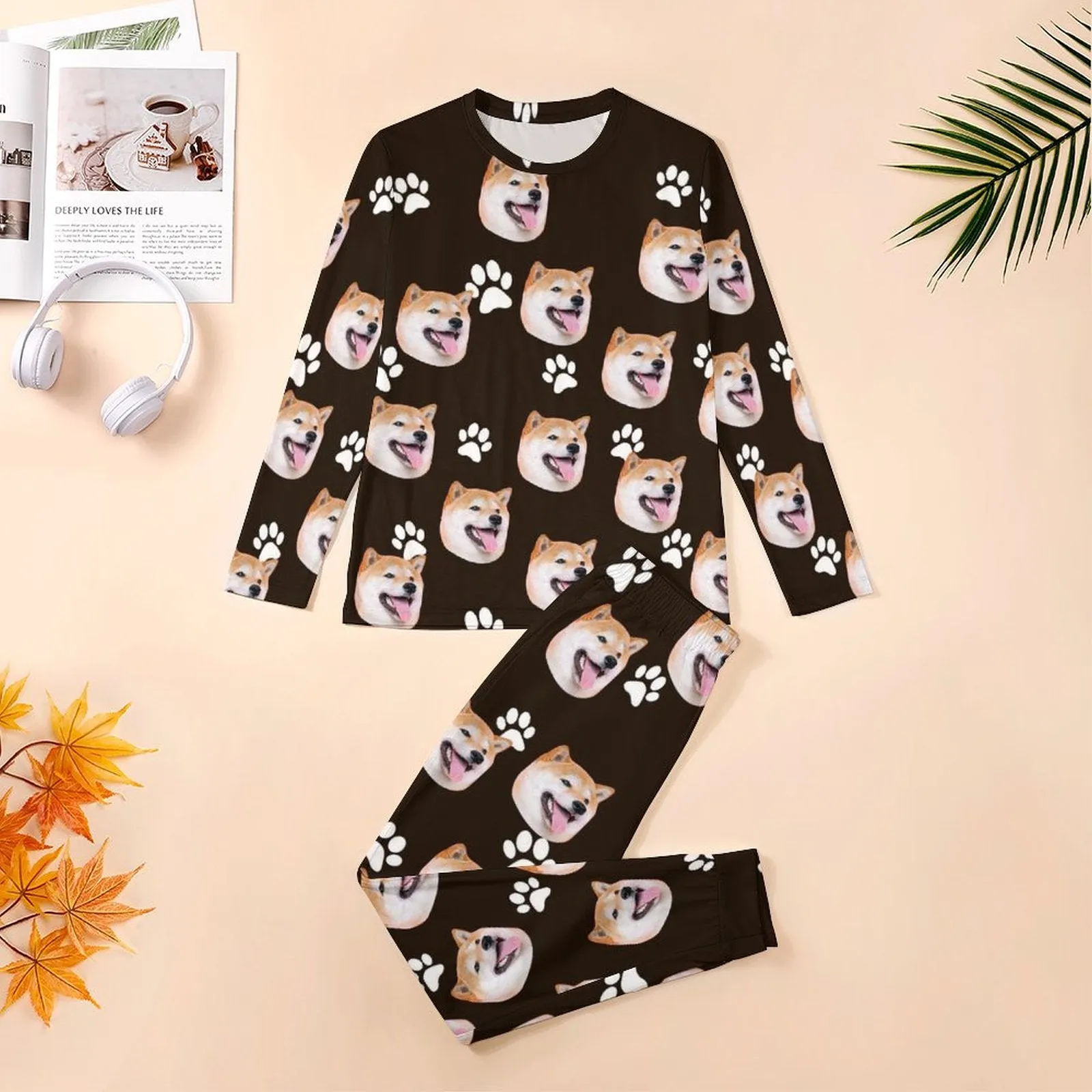 Custom Pet's Face Black Nightwear Long Sleeve Pjs for Him Personalized Photo Men's Pajamas