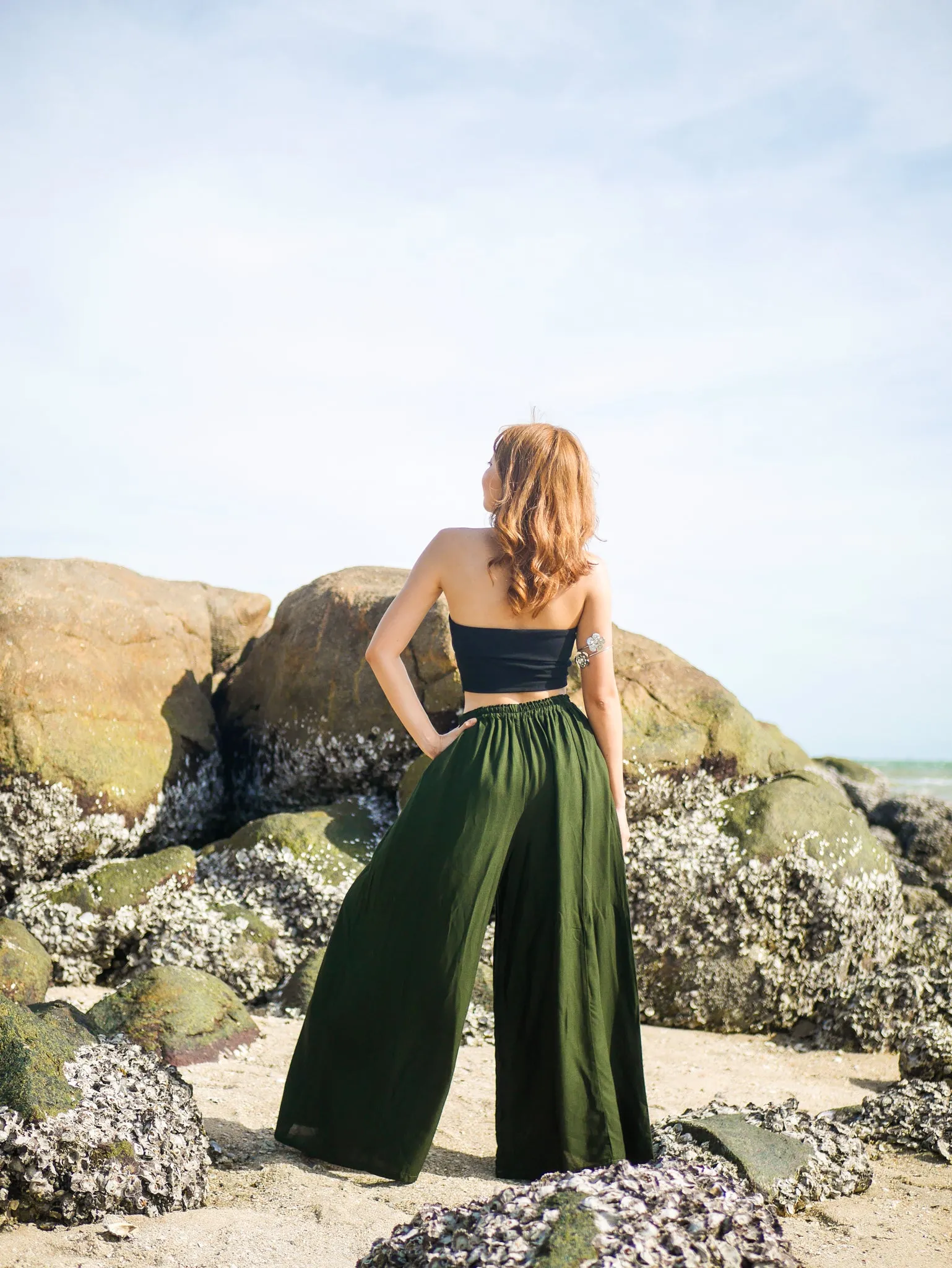 Dark Green Wide Leg Palazzo Pants