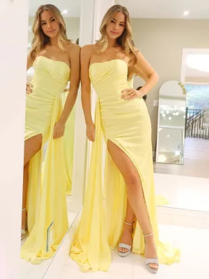 Eowyn | Yellow Mermaid Strapless Satin Long Prom Dresses With Split