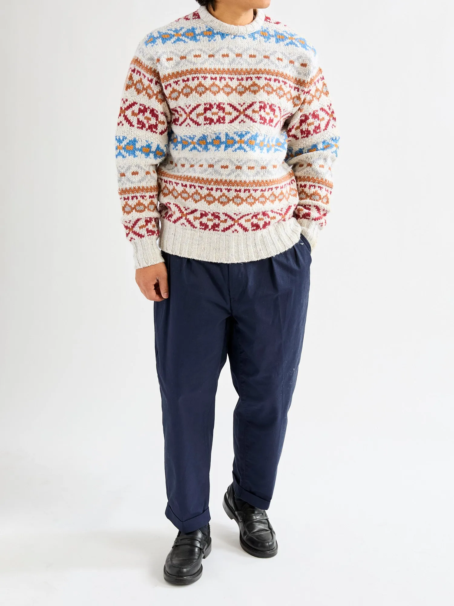 Fair Isle 3-Gauge Crewneck Sweater in Off White