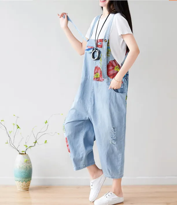 Floral Loose Denim Casual Spring Denim Overall Women Jumpsuits QY24