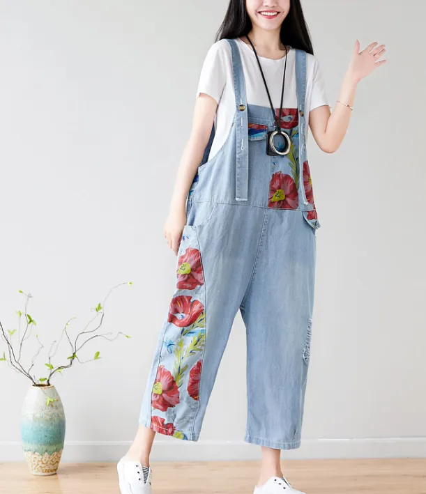 Floral Loose Denim Casual Spring Denim Overall Women Jumpsuits QY24