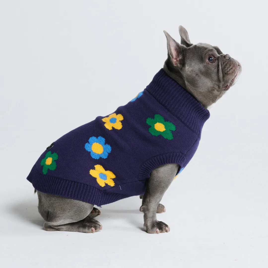 Flower Knit Dog Sweater - Blue Green Yellow