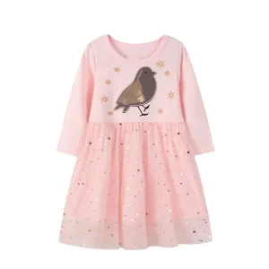 Full Sleeve Cute Bird Glitter Theme Girls Dress, Pink