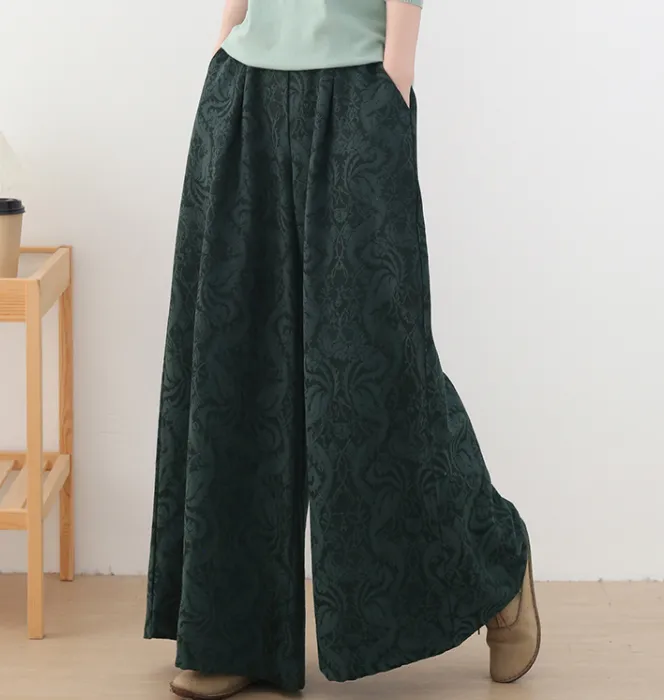 Jacquard Cotton Linen Autum Wide Leg Women Casual Pants Elastic Waist WG05131