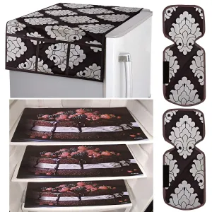 Kuber Industries Flower Design Combo PVC 3 Pieces Fridge Mats, 2 Piece Handle Cover and 1 Piece Fridge Top Cover(Brown)