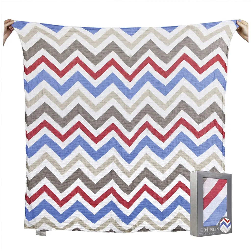 Little Linen Muslin Swaddle - Blue & Red Chevron