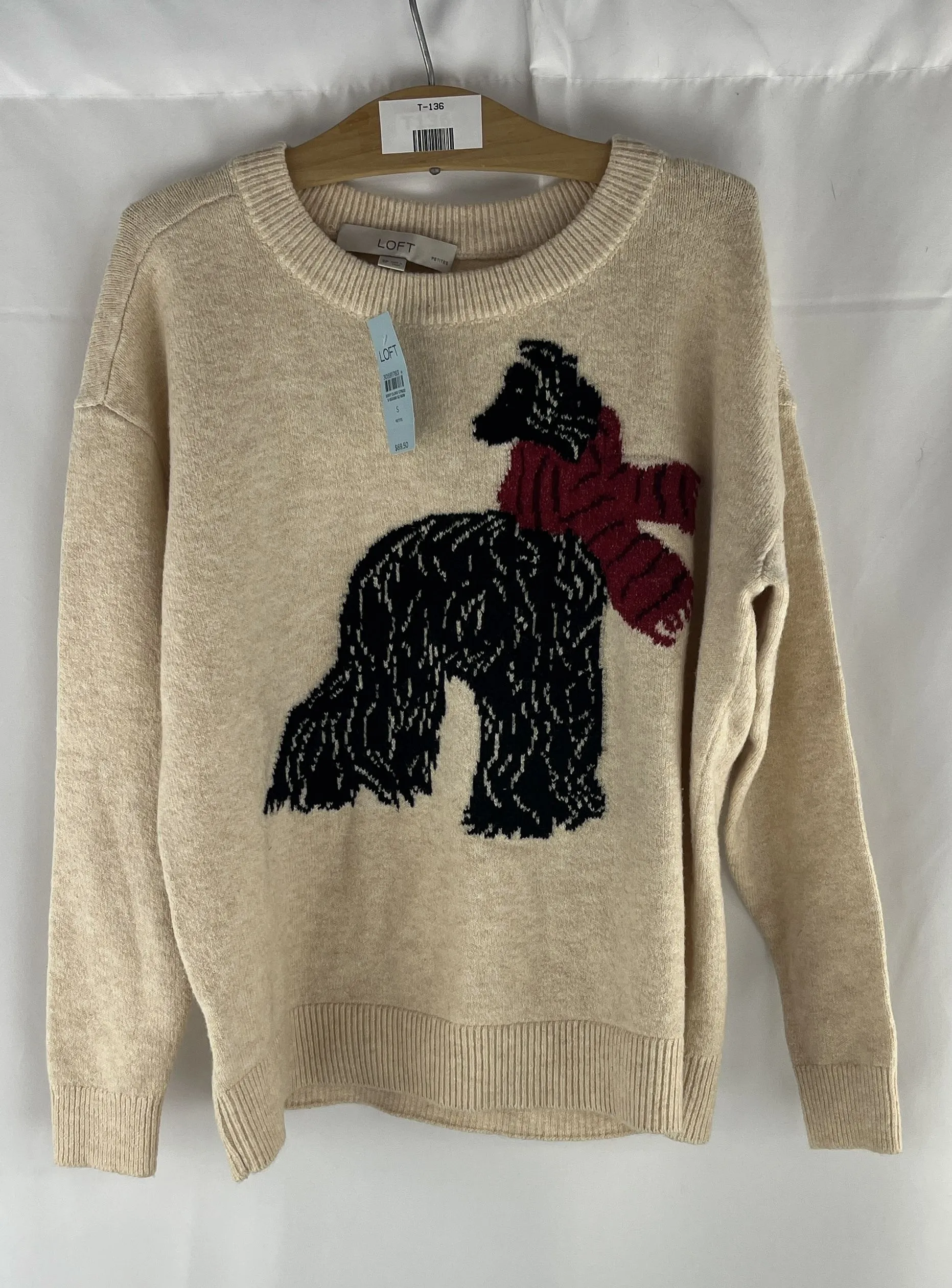 LOFT Women's Fancy Dog with Bow Sweater Light Camel Size SP NWT MSRP $69