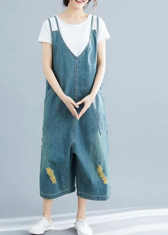 Loose denim blue cotton Tunics Korea loose jumpsuit pants