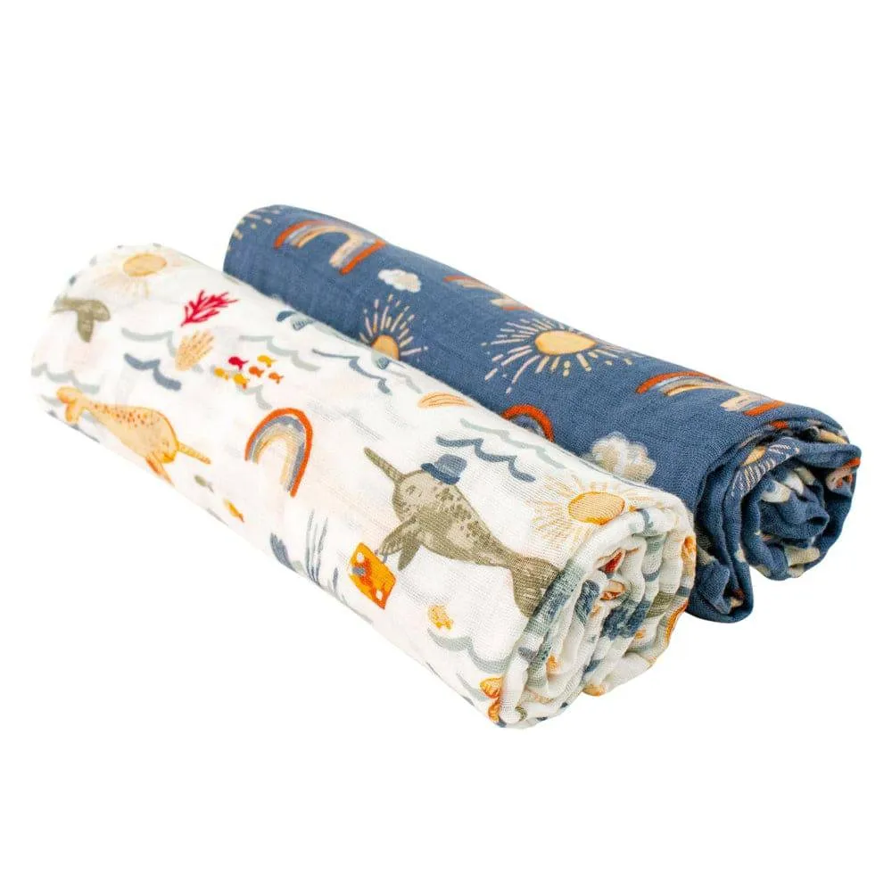 Muslin Swaddle Blanket Set Premium Cotton Narwhal   Hello Sunshine