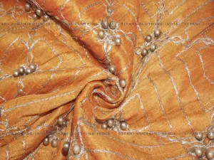 Orange Thread And Motifs Embroidered Silk Fabric