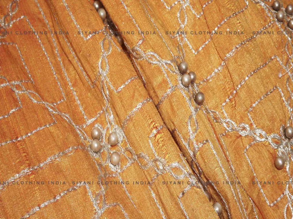 Orange Thread And Motifs Embroidered Silk Fabric