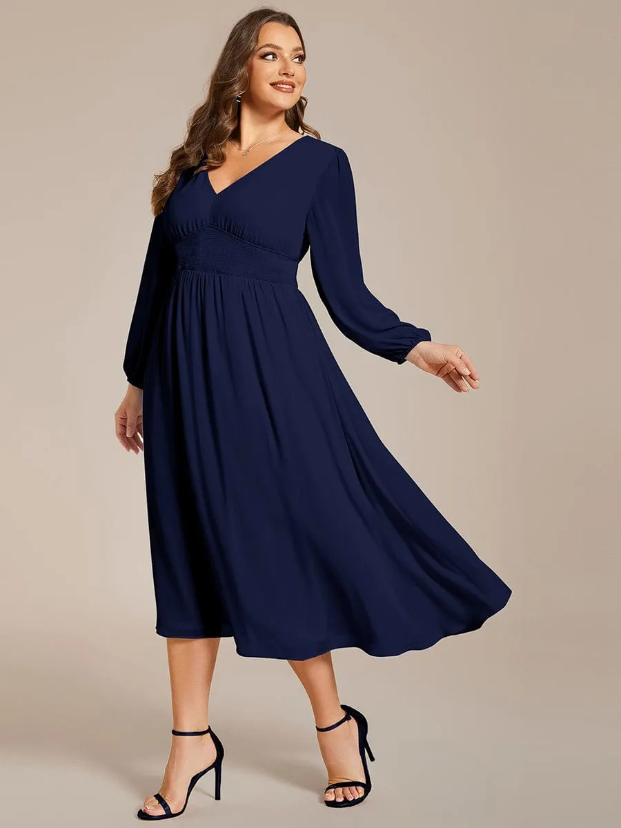 Plus Size Flowy Long Sleeves V-Neck Midi Chiffon Wedding Guest Dress