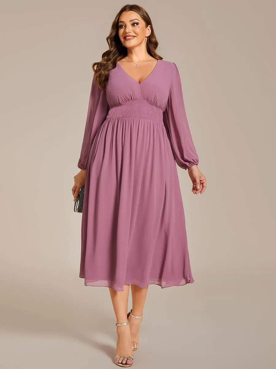 Plus Size Flowy Long Sleeves V-Neck Midi Chiffon Wedding Guest Dress