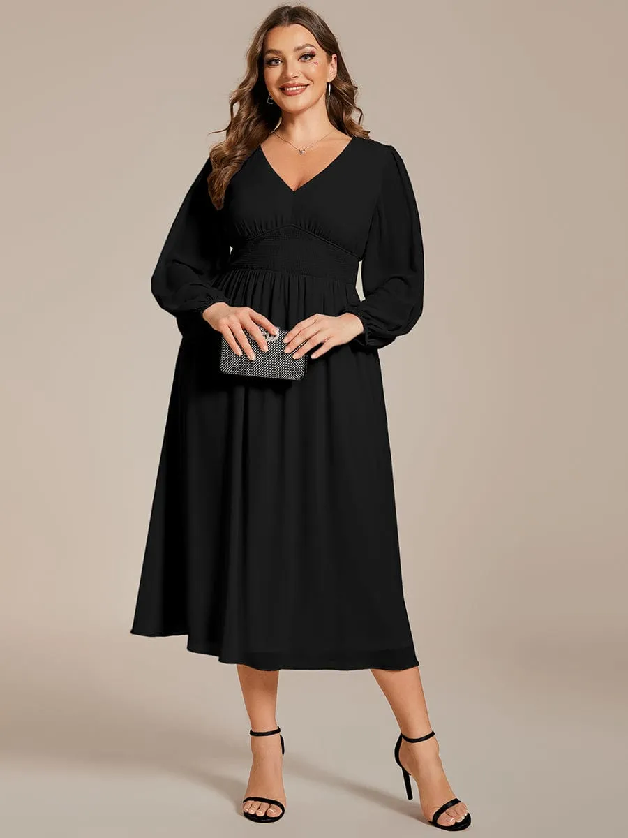 Plus Size Flowy Long Sleeves V-Neck Midi Chiffon Wedding Guest Dress