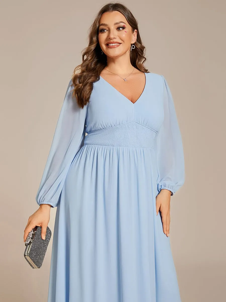 Plus Size Flowy Long Sleeves V-Neck Midi Chiffon Wedding Guest Dress