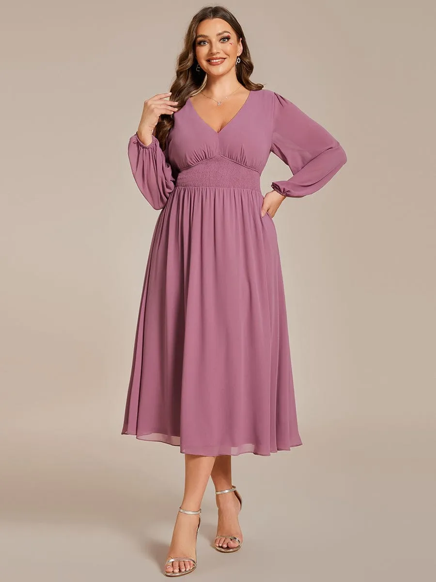 Plus Size Flowy Long Sleeves V-Neck Midi Chiffon Wedding Guest Dress