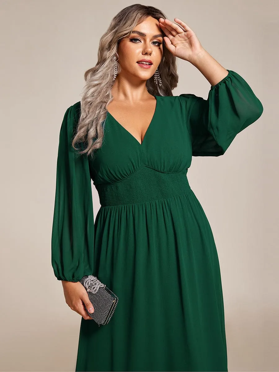 Plus Size Flowy Long Sleeves V-Neck Midi Chiffon Wedding Guest Dress