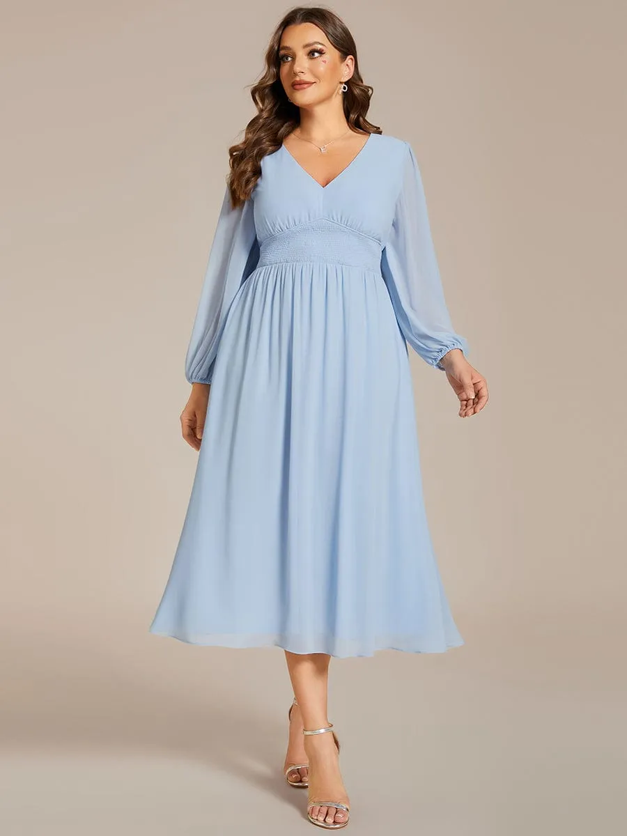 Plus Size Flowy Long Sleeves V-Neck Midi Chiffon Wedding Guest Dress