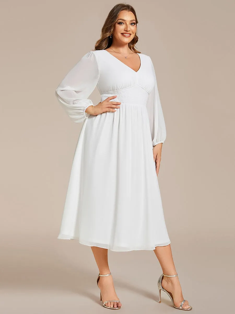 Plus Size Flowy Long Sleeves V-Neck Midi Chiffon Wedding Guest Dress