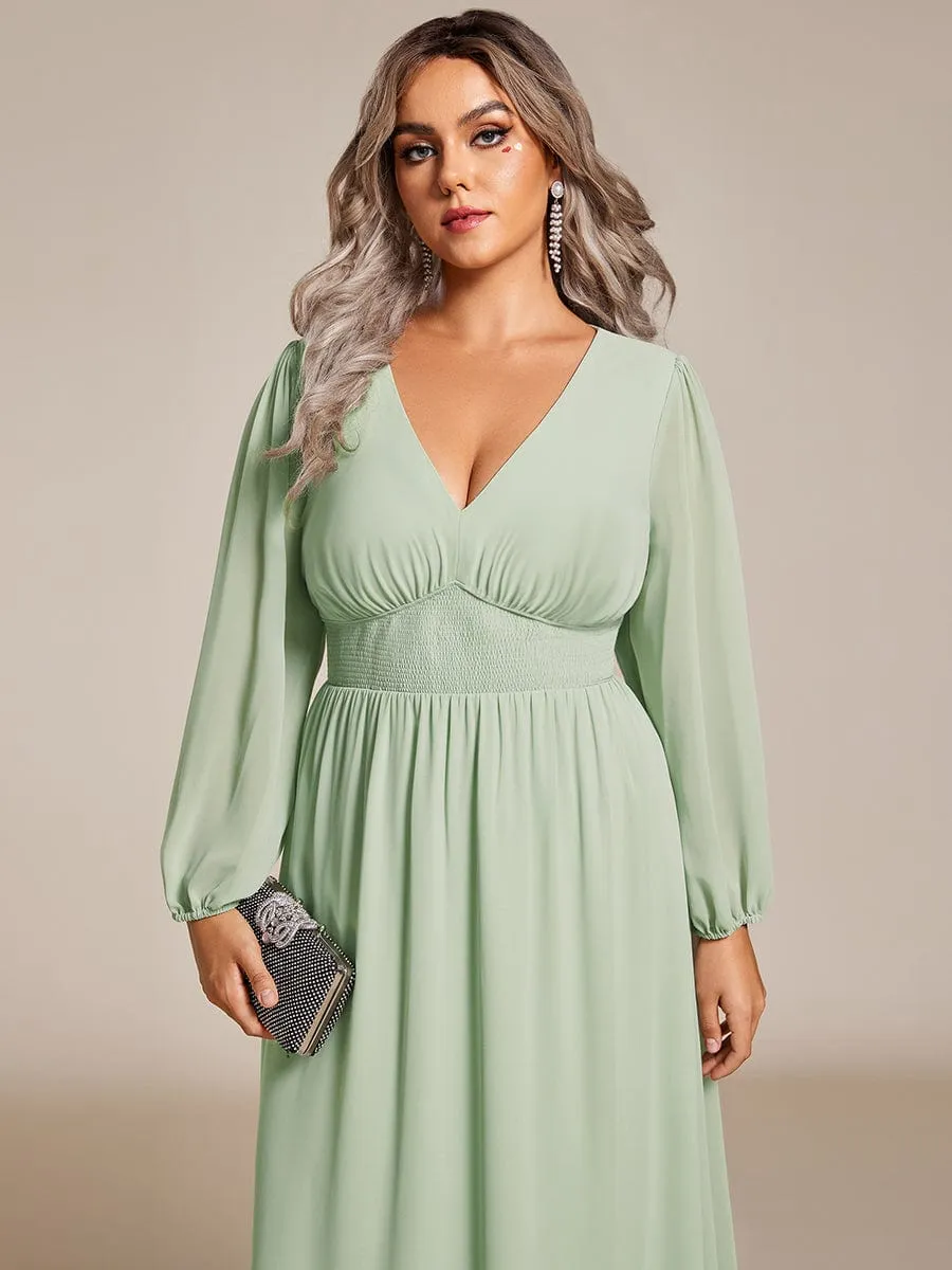 Plus Size Flowy Long Sleeves V-Neck Midi Chiffon Wedding Guest Dress