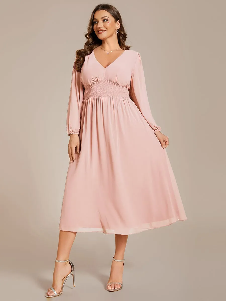 Plus Size Flowy Long Sleeves V-Neck Midi Chiffon Wedding Guest Dress