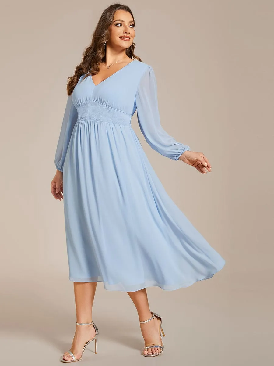 Plus Size Flowy Long Sleeves V-Neck Midi Chiffon Wedding Guest Dress