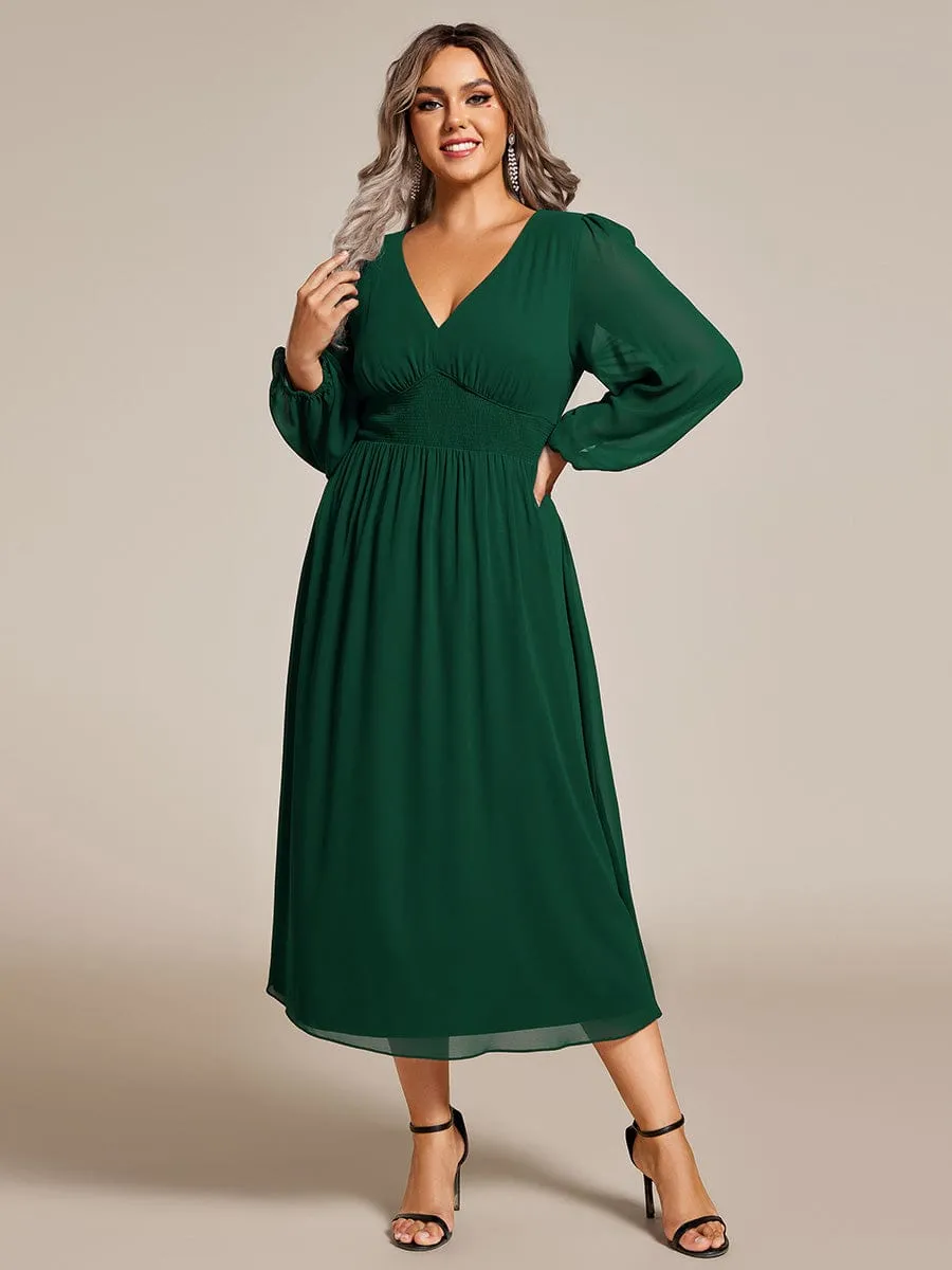 Plus Size Flowy Long Sleeves V-Neck Midi Chiffon Wedding Guest Dress