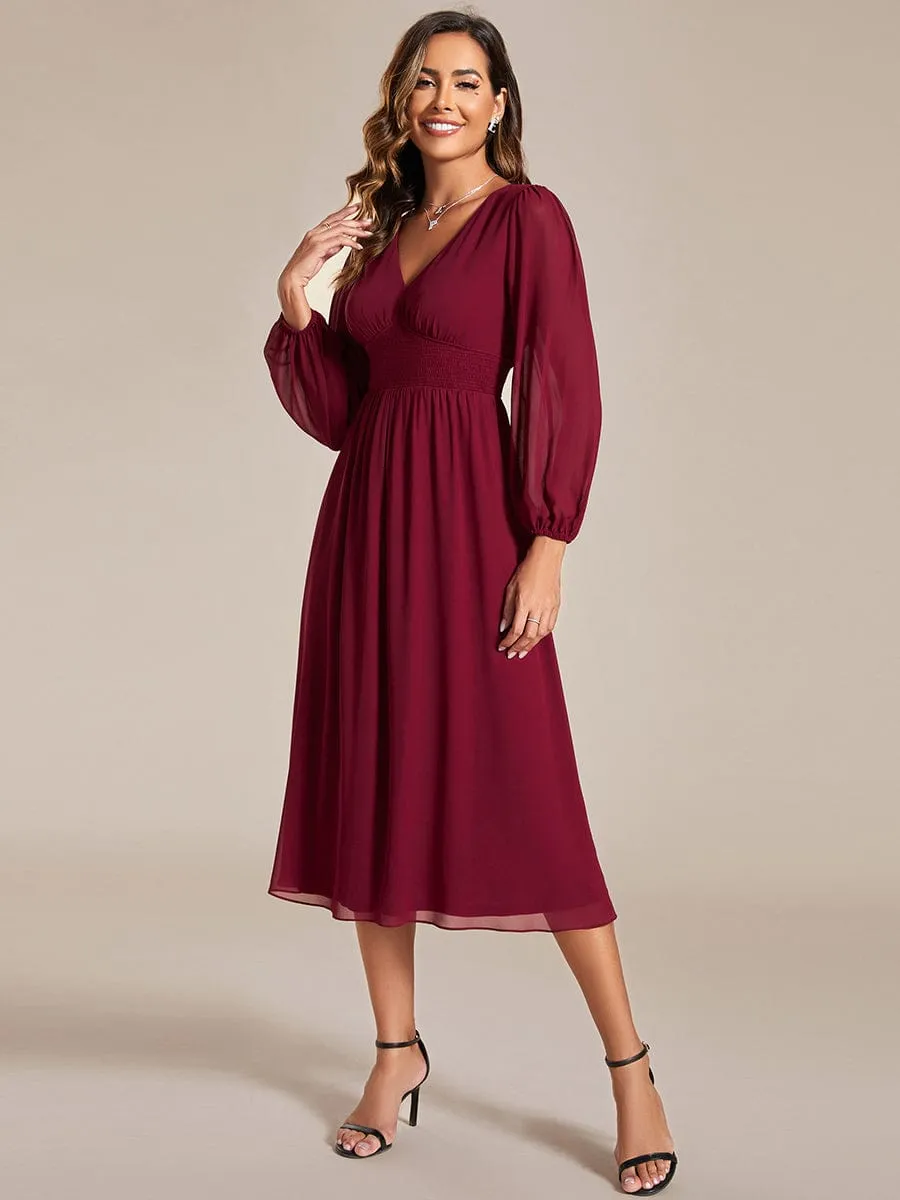 Plus Size Flowy Long Sleeves V-Neck Midi Chiffon Wedding Guest Dress