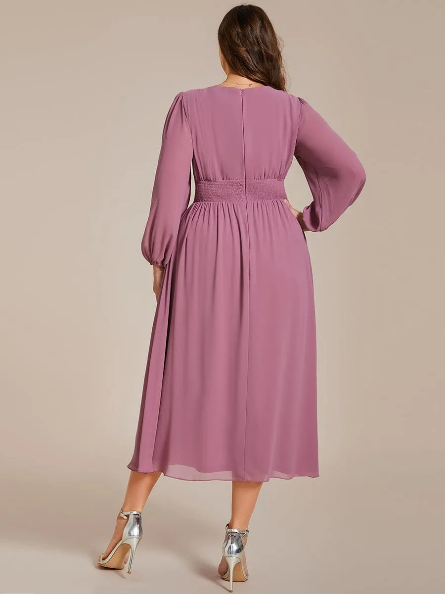 Plus Size Flowy Long Sleeves V-Neck Midi Chiffon Wedding Guest Dress