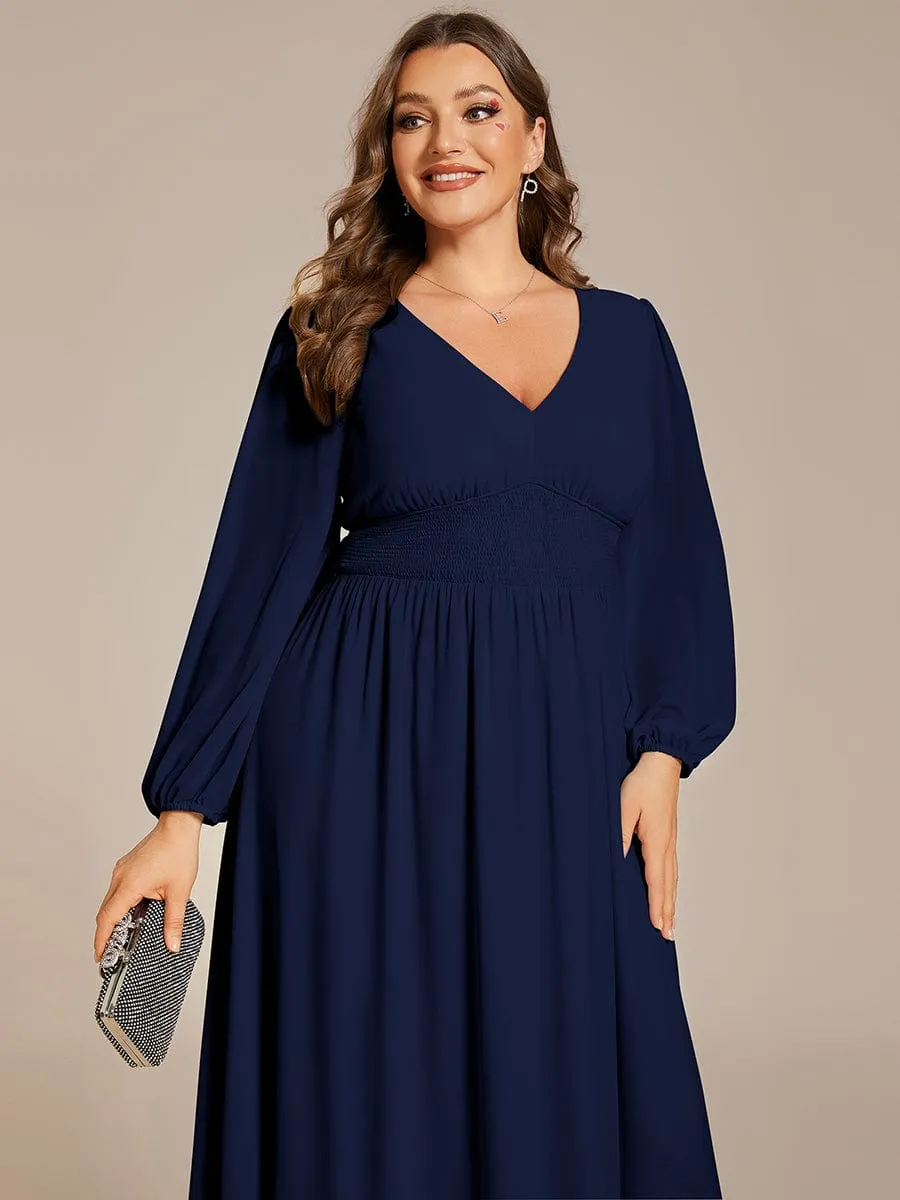 Plus Size Flowy Long Sleeves V-Neck Midi Chiffon Wedding Guest Dress