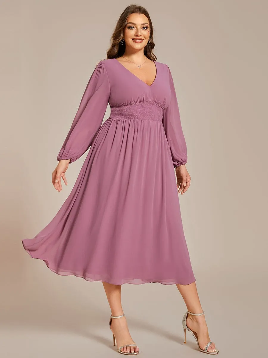 Plus Size Flowy Long Sleeves V-Neck Midi Chiffon Wedding Guest Dress