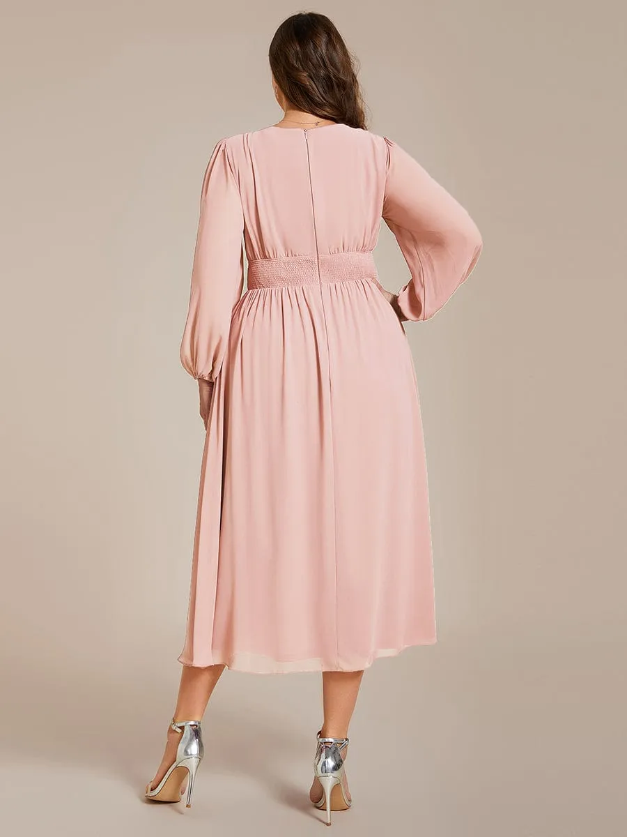 Plus Size Flowy Long Sleeves V-Neck Midi Chiffon Wedding Guest Dress