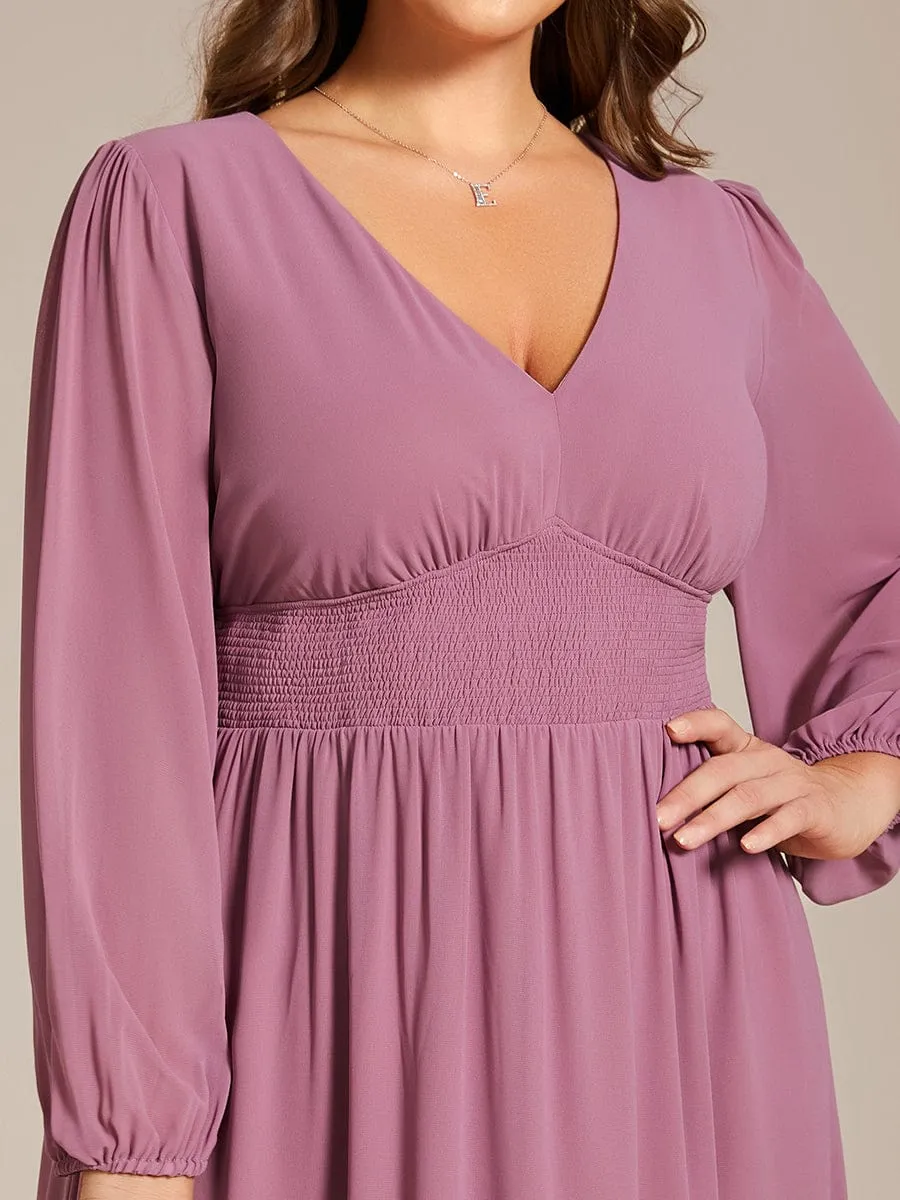 Plus Size Flowy Long Sleeves V-Neck Midi Chiffon Wedding Guest Dress