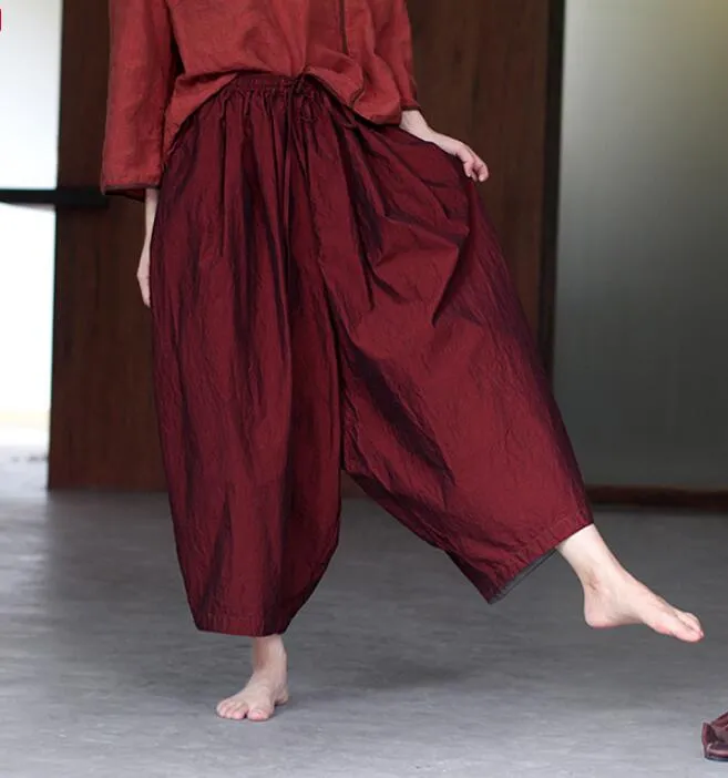 Red Women Casual Cotton Wide Leg Pants SJ981106