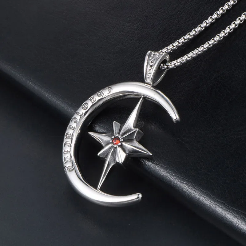 Rotatable Star Flower Red Zircon Titanium Steel Necklace for Men and Women - Cross-Border Supply from Europe and America