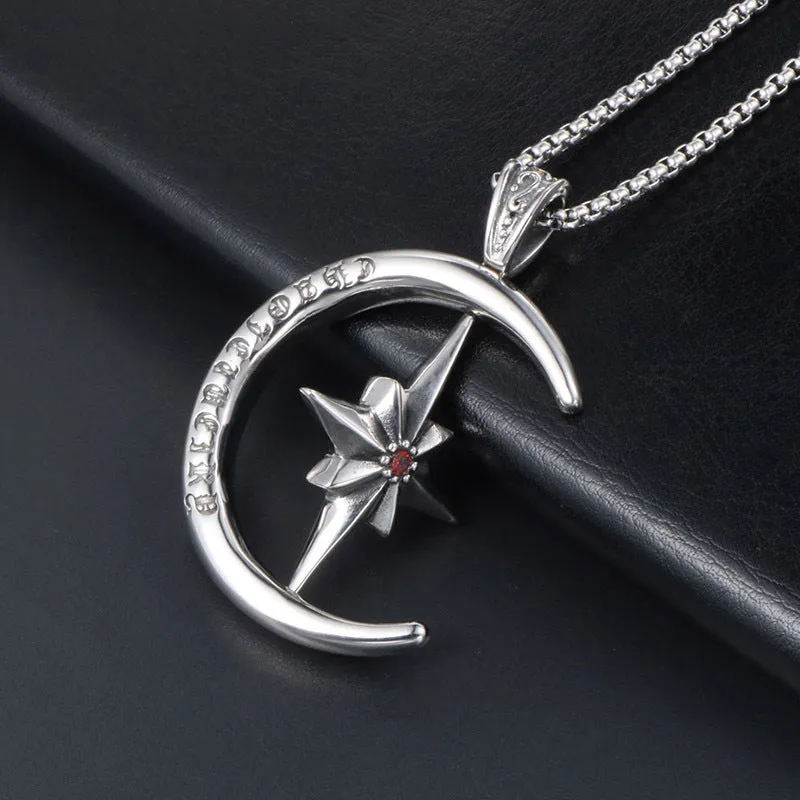 Rotatable Star Flower Red Zircon Titanium Steel Necklace for Men and Women - Cross-Border Supply from Europe and America