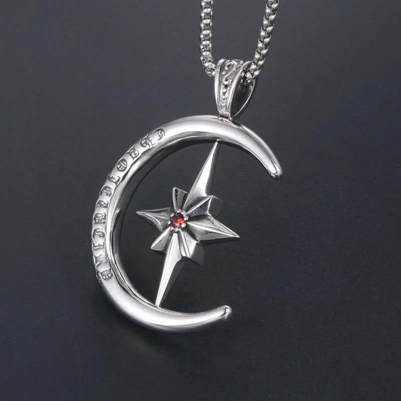 Rotatable Star Flower Red Zircon Titanium Steel Necklace for Men and Women - Cross-Border Supply from Europe and America